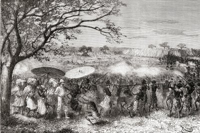 Una tribu congoleña acompaña al explorador Pietro Paolo Savorgnan di Brazza y su expedición a su aldea, de 